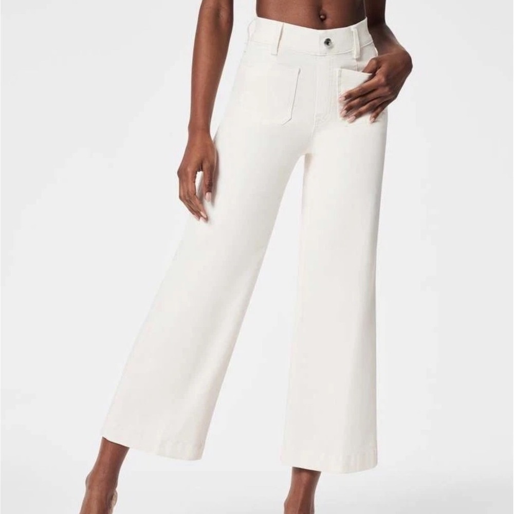 Spanx Large Collette Cropped Wide Leg Pull‎ On Jeans Ecru Wash 20704R Womens